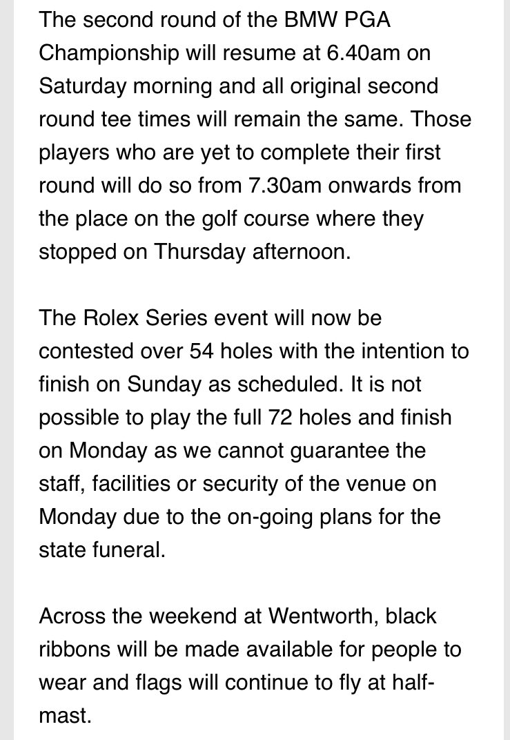 iaincartergolf's tweet photo. The @BMWPGA will resume tomorrow at Wentworth and will now become a 54 hole event https://t.co/dmgOQotSTd