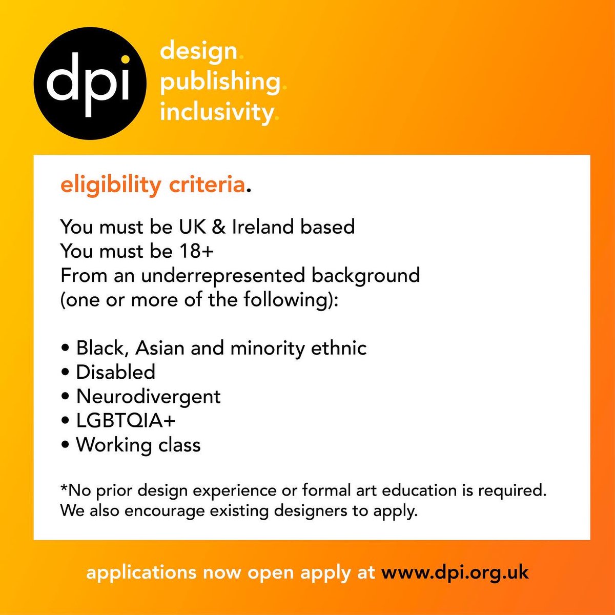 Design Publishing Inclusivity launched today. Give them a follow @dpi_org and visit the website dpi.org.uk to find out more about their mentorship scheme. Please do help spread the word if you can 🧡💛
