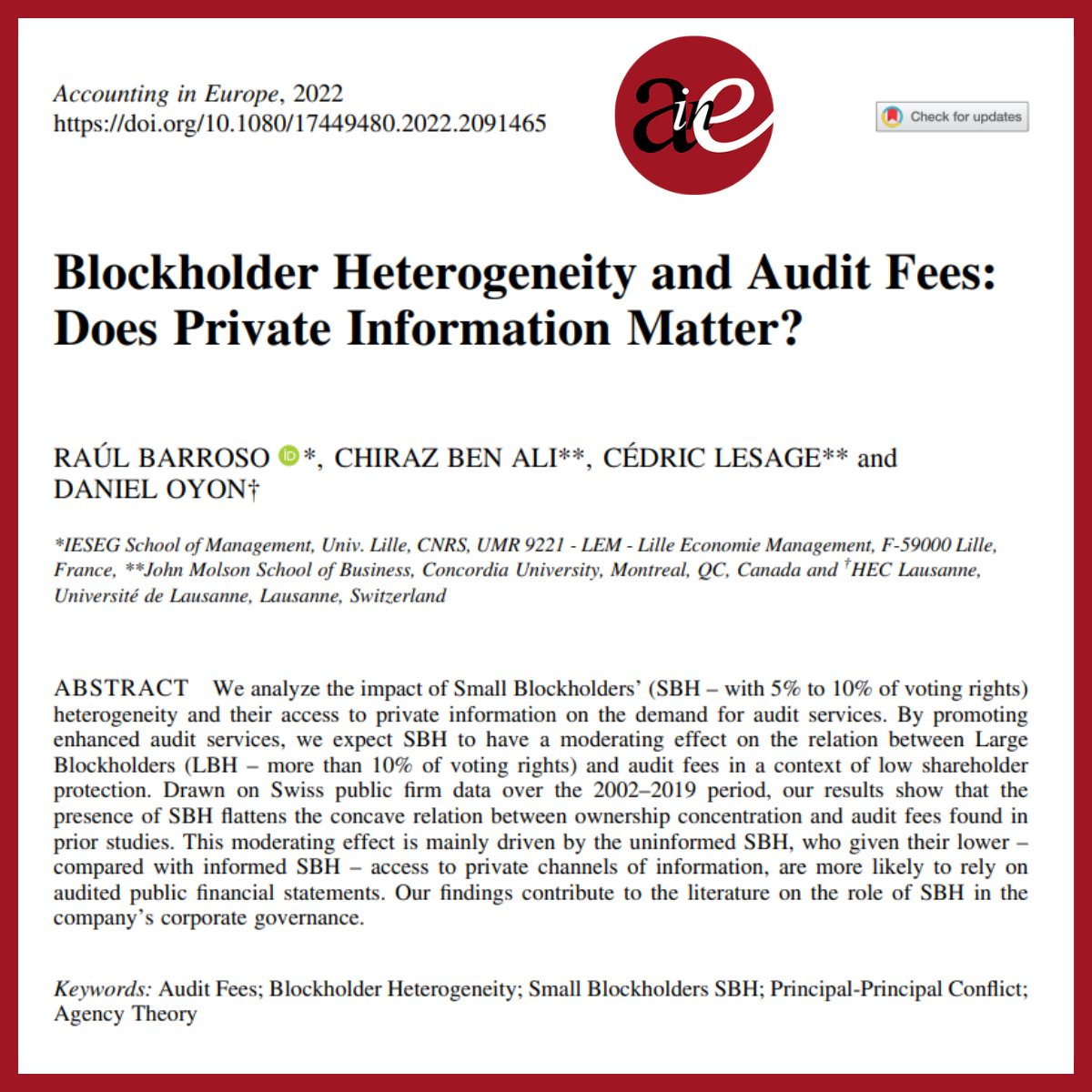AIE_Journal_EAA's tweet photo. HOT OFF THE PRESS - New research on #Blockholder #Heterogeneity and #AuditFees by Raul Barroso (@IESEG), Chiraz Ben Ali and Cedric Lesage (both @Concordia), and Daniel Oyon (@HECLausanne)
https://t.co/2L8cGdEVAW
#auditing #accountingineurope #aie @EAA_ARC #research #accounting https://t.co/u5YymyX2hD