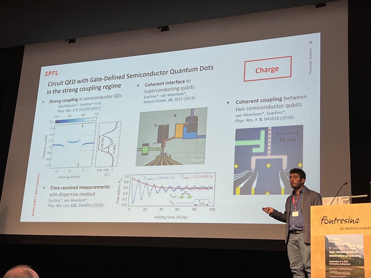 AndreasAtETH's tweet image. Nice talk by Pasquale Scarlino from @QSECenter_EPFL @EPFL_en at #SpinQubit5 (@nccrSpin) covering both the history of strong coupling cavity QED with #quantum dots in semiconductors and the newest developments.
Pasquale was a postdoc @qudev @ETH_physics @ETH_en @NCCR_QSIT