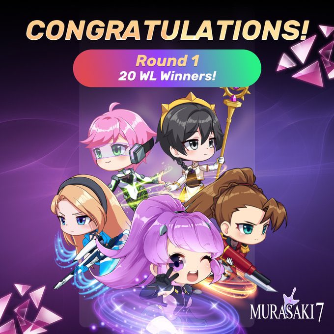 Gleam Eventの第1ラウンド、20名のWLウィナーが決まりました。メールをご確認ください💌

第2ラウンドは本日よりスタート! ➡️bit.ly/3AZQp3T

#Murasaki7 #M7PuzzleRPG  #NFTGamesForEveryone #P2E #PlaytoEarn