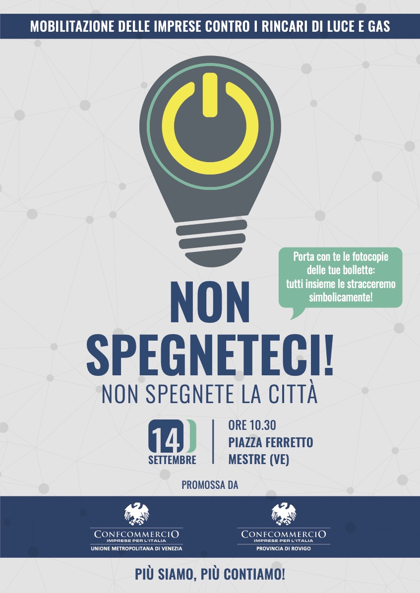 🔴 PIU' SIAMO PIU' CONTIAMO! 🔴
Anche #Rovigo chiama alla mobilitazione i propri associati con la #manifestazione “Non spegneteci! Non spegnete la città” MERCOLEDI 14 SETTEMBRE 10.30 - PIAZZA FERRETTO – MESTRE (VE)