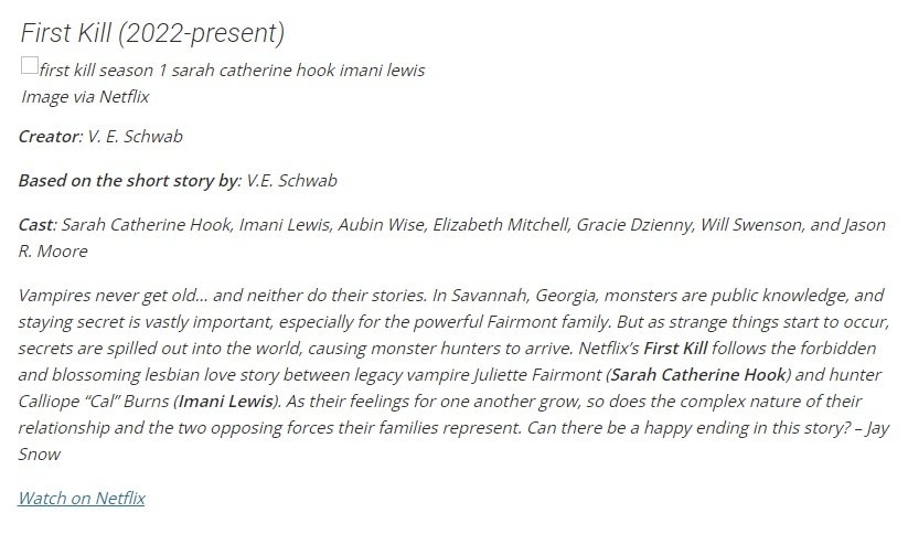 mlesherr's tweet image. First Kill is recommended in this article to watch as one of the "Best Romantic Shows on Netflix Right Now" #savefirstkill 
your-gam.info/2022/09/09/bes…