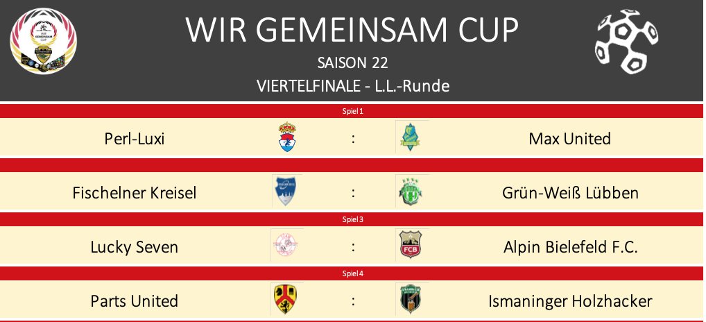 WirGemeinsamCup's tweet photo. 🤝#LLRS22 - Viertelfinale🤝 Auch im Kampf um die goldene Luftpumpe wurde die nächste Runde ausgelost:
@PerlLuxi vs. Max United (@ClubWorms)
@Meatloaf1959 vs. @GWLuebben
Lucky Seven vs Alpin Bielefeld
Parts United vs @IHolzhacker
VAMOS! https://t.co/GnCa6DsGtT