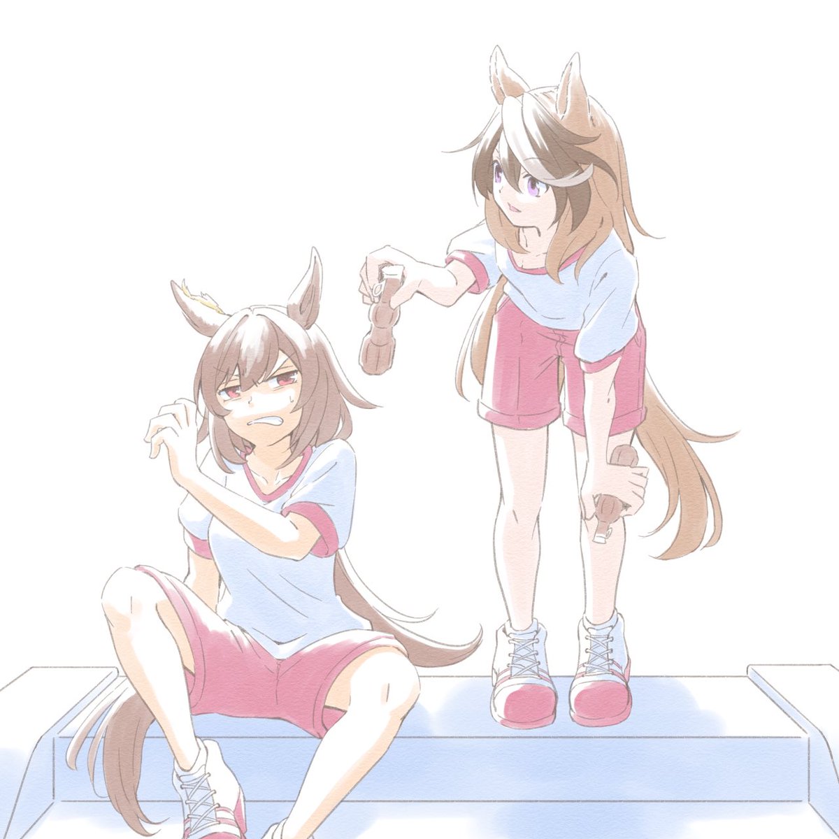 symboli rudolf (umamusume) multiple girls shoes 2girls shorts animal ears brown hair horse ears  illustration images