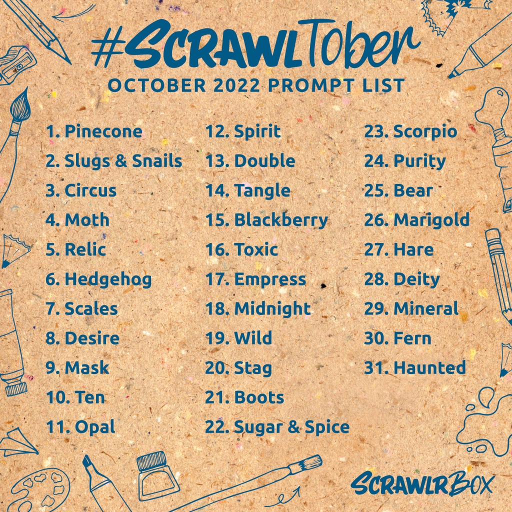 ScrawlrBox's tweet photo. Here we are! Our #ScrawlTober prompts for October '22 ✏️🖤 
❤️ Do as many or as little as you want 🧡 Use whatever medium makes you happy 💛 Use the Hashtag #ScrawlTober when posting so we can find your lovely creations 💚 Have fun!⁠ 💙 What do you think of the prompts? ⁠ https://t.co/0rYbQvfJGR