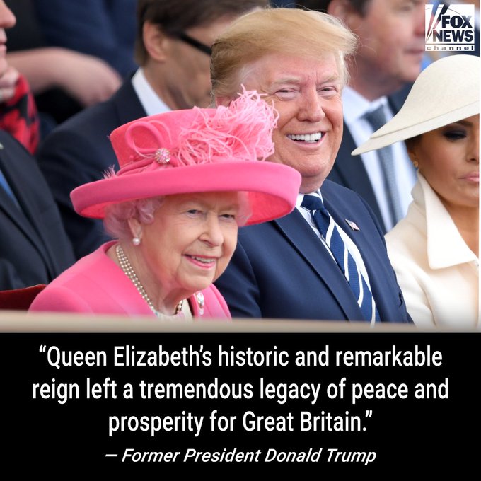 FoxNews's tweet photo. ‘UNWAVERING DEVOTION’: Former President Trump mourns British monarch’s ‘generous friendship,’ makes prediction about King Charles’ succession. https://t.co/qQHGfKcsnF https://t.co/Q3FTYZbsvw