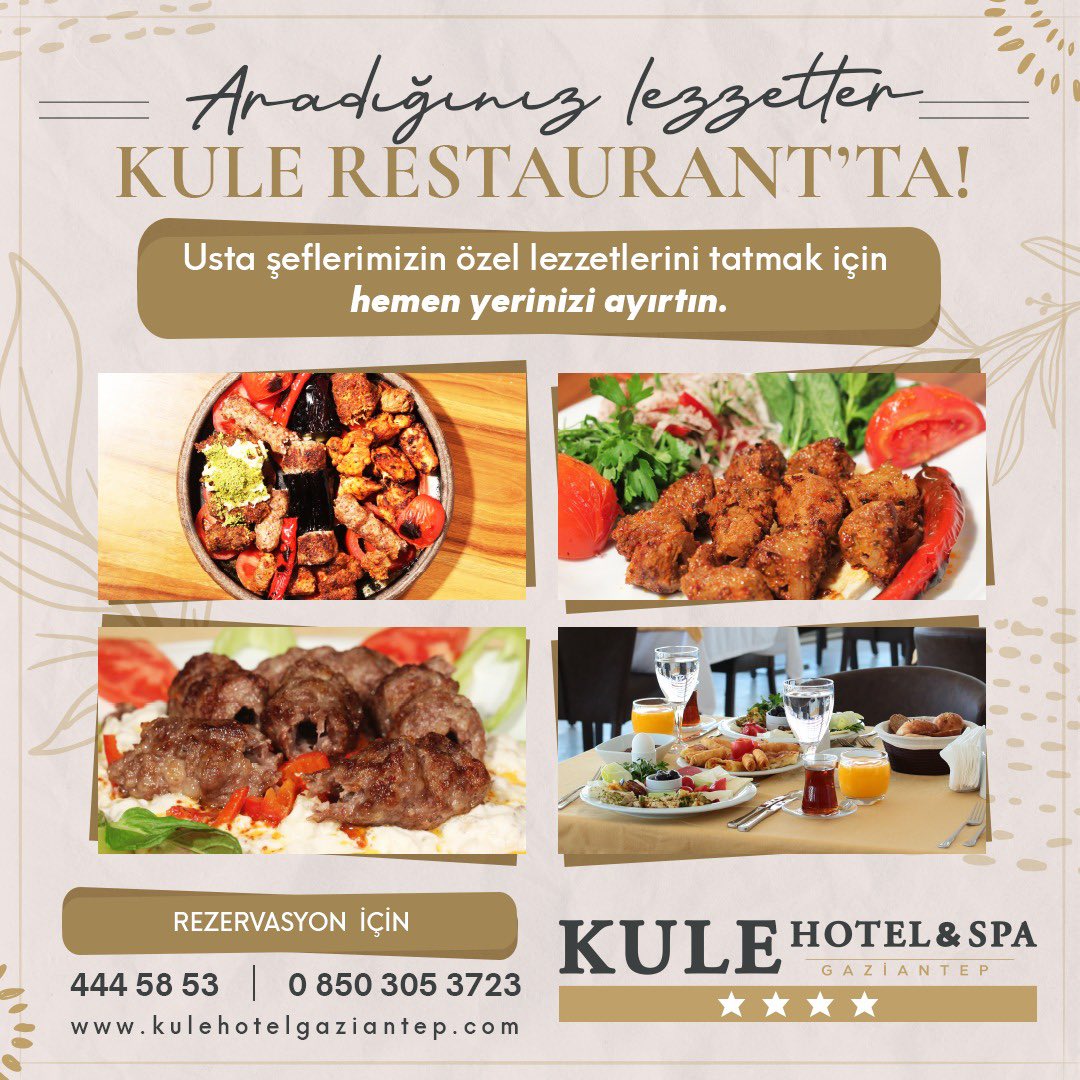 KuleHotelSpa's tweet photo. Yemeğin en keyifli hali!
Yöresel lezzetleri bir arada bulunduran Kule Restaurant'ta Gaziantep manzarası eşliğinde unutulmaz bir deneyim sizleri bekliyor.

Rezervasyon için Hemen Bize Ulaşın!

☎️444 58 53
☎️+90 850 305 3723
🌐 https://t.co/2QxmWzvTvo
#gaziantepmutfağı #kule #kebap https://t.co/lByRyc5EGL