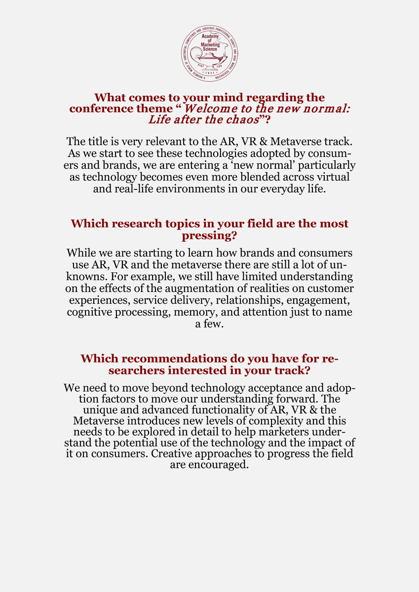 AcadMktingSci's tweet photo. Conversations with the Augmented Reality, Virtual Reality, and Metaverse Track chairs Jennifer Barhorst and Graeme McLean  for the 2023 AMS Annual Conference in New Orleans, USA, May 17 - May 19, 2023. Consider submitting your work! #AMS2023NOLA
https://t.co/V3sRs2F28V https://t.co/w54sMxR5Ce