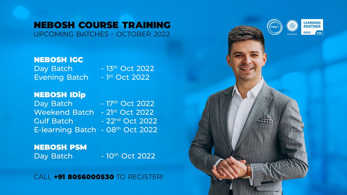 NIST_Global's tweet photo. Your safety career will be ready to take off in October! Join in the upcoming safety batch &amp; become a safety professional! Study NEBOSH IGC / IDip/ EDip/ PSM! 
.
.
#nist #nistinstitute #neboshigc #neboshpsm #neboshigc #upcomingbatches #safety #safetyprofessionals #safetycourse https://t.co/qv6BbarxTq