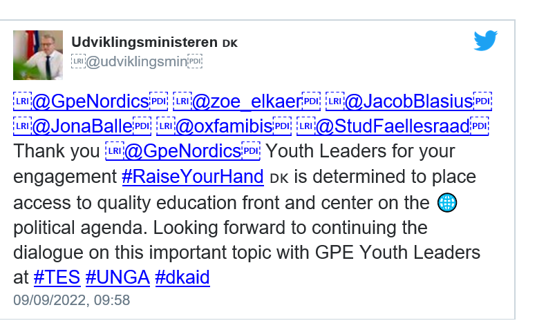 YukikoMatsuyosh's tweet photo. デンマークのGPE Youthがデンマーク政府に対し、国際教育協力のために支援を増やすようメッセージを流したところ、大臣自らが返事をされています。来週からNYの国連で始まるTransforming Education Summit
でGPE Youthは各国の要人と対面する予定です。
#GPforEducation; #RaiseYourHand https://t.co/eqVJu1SZuV