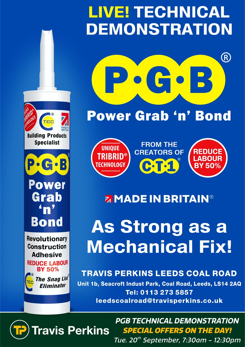 CTec_NI_Ltd's tweet photo. Power Grab N Bond- A Versatile Construction Adhesive! Without contradiction, it is the Ultimate Bonding Adhesive available on the market! Call in to Travis Perkins Leeds Tuesday 20th for a live demo &amp; shop special offers on the day! #pgb #tribridtechnology https://t.co/WULUbMZ4gg