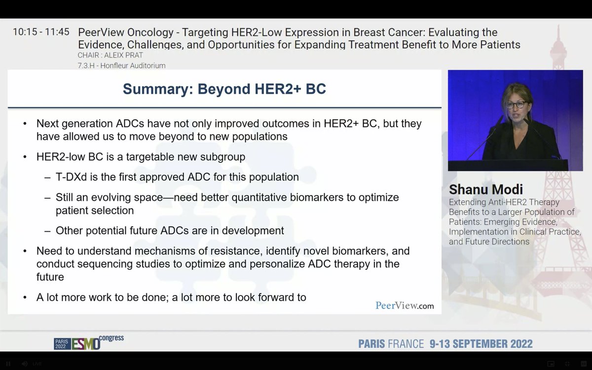 AMalfettonePhD's tweet photo. Clear talk of the anti-HER2 future directions by #ShanuModi at #ESMO22
✅T-DXd represents the 1st approved ADC for #HER2Low breast cancer but new ADCs (single-agent &amp;combo) are under investigation
✅Novel predictive markers are needed to personalize treatments
@OncoAlert 
@myESMO https://t.co/gcmlCJMKGT