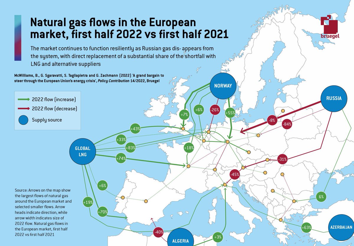 Europe’s gas supply map is rapidly being redrawn. Here it is our @Bruegel_org attempt to visualise the major changes occurred since last year. To discover all details: bruegel.org/policy-brief/g…