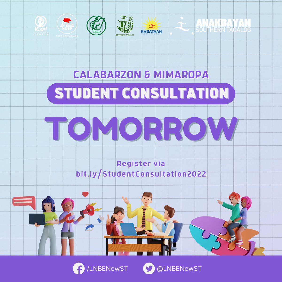 LNBENowST's tweet photo. 🤩🎉 TOMORROW! 🤩🎉

The CALABARZON &amp; MIMAROPA Student Consultation is happening tomorrow Sep. 11, 2022, 2 PM onwards via Zoom.

See you there! 🌟

#BantayBalikEskwela
#LigtasNaBalikEskwela https://t.co/wxuJ35xfR1