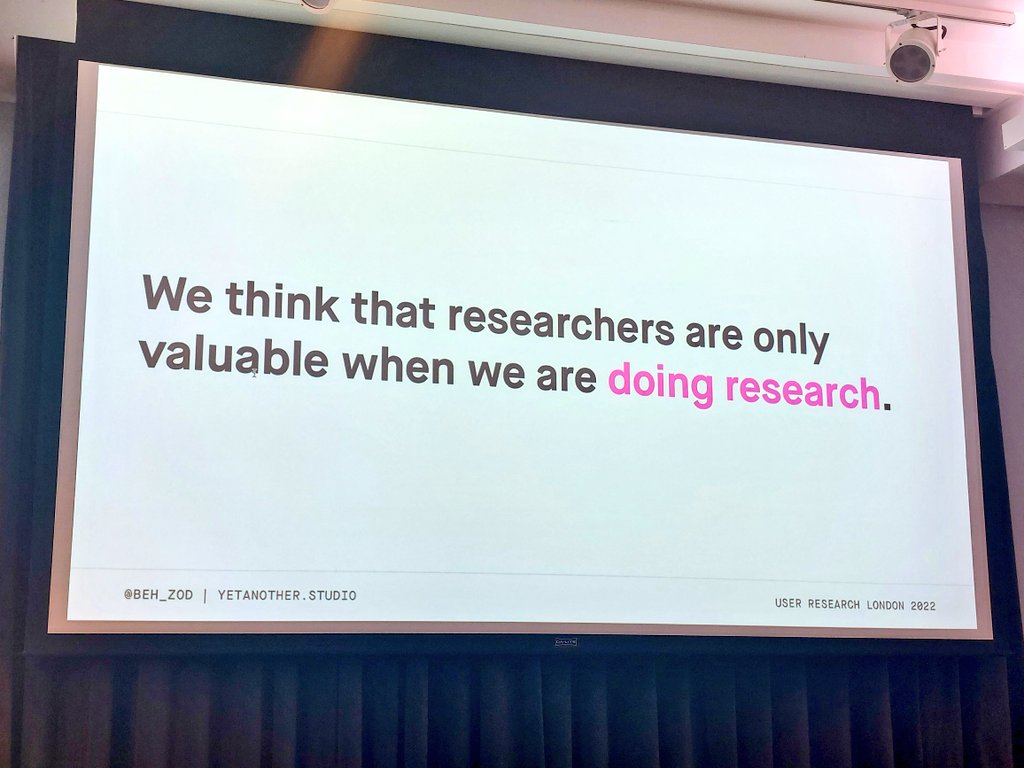 people4research's tweet image. "The perspective that we [user researchers] are only valuable as doers of research is part of the problem." 

@beh_zod delivering the first talk of the day at @UserResearchLDN on the roles of user researchers and the importance of their practice 🙌 

#URLDN22 #UserResearchLDN