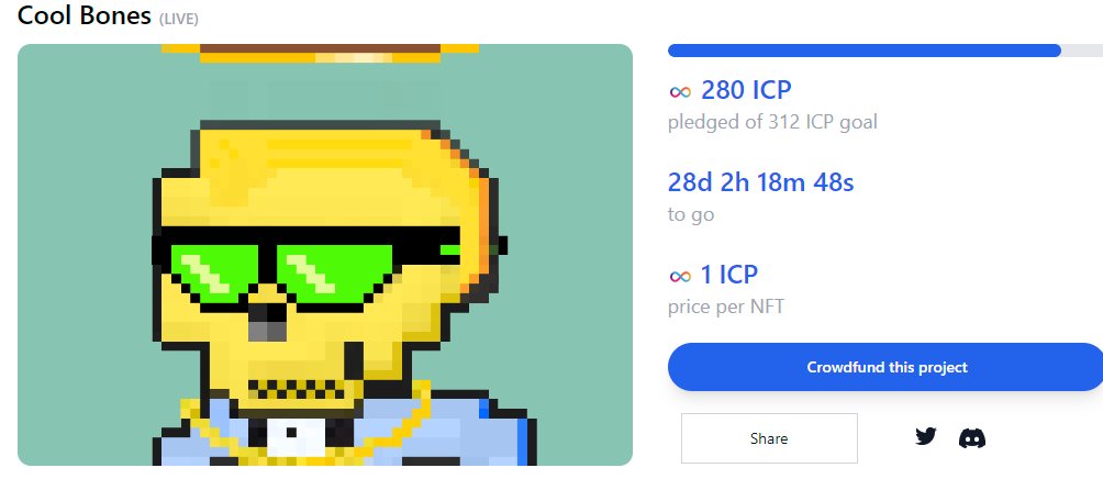 CajunCanadian_'s tweet photo. Okay! , Cool Bones minting goal almost reached, let's get it over the Top!  Only 1 icp/NFT @DSCVR1 https://t.co/ny1BpuwRGJ 
Help us out with some upvotes on @DSCVR1 @crowdfundnft @GuywithIpad #ICP #NFT #CoolBones https://t.co/JO3eHPiuNM
