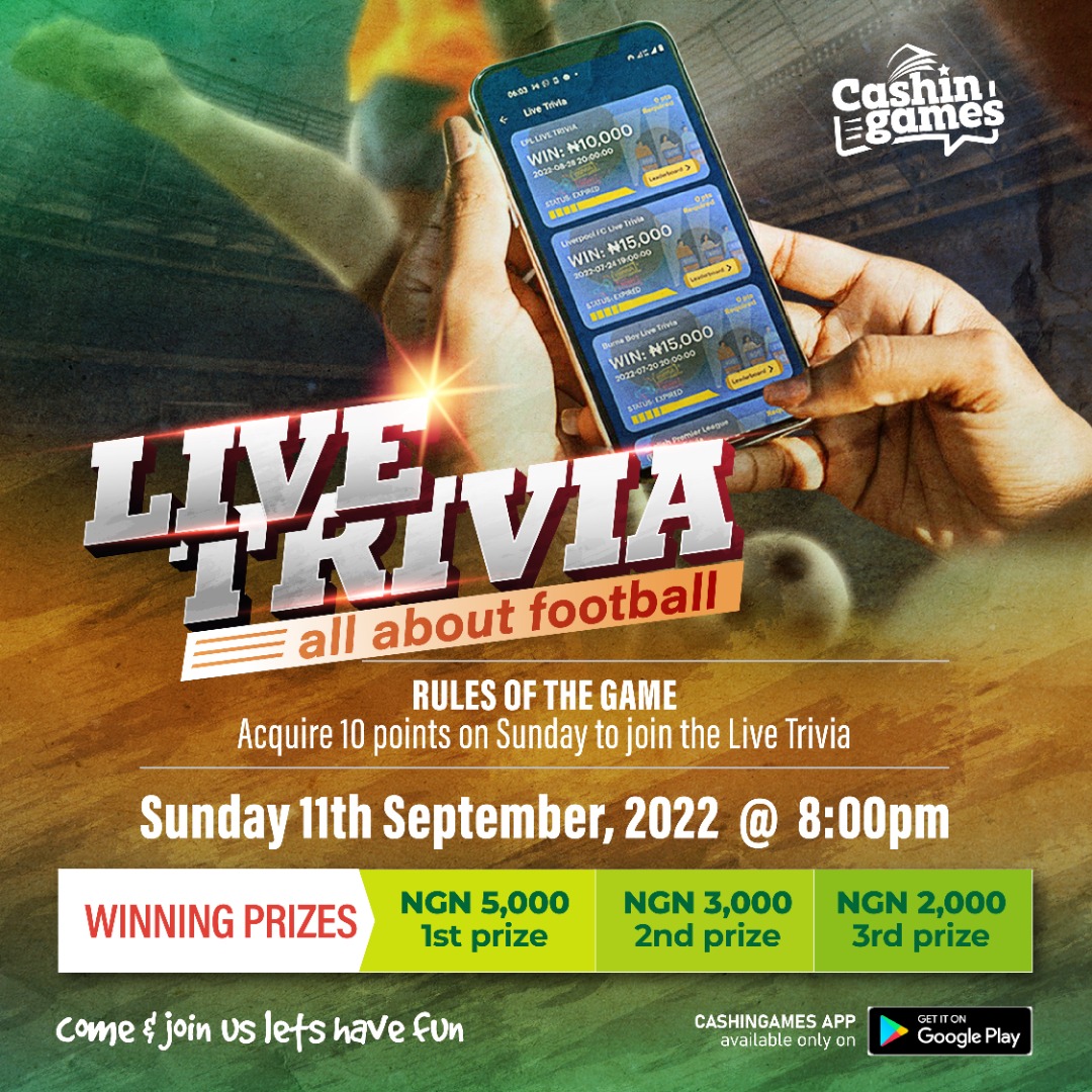 Where my Football lovers at?
Don't miss out on Sunday's Live Trivia, it's going to be FUN!! And of course, there's always Cash involved 😉

#cashingames #games #trivia #gameboy #gameart #triviagame #triviatime #triviaquestion #triviaquiz