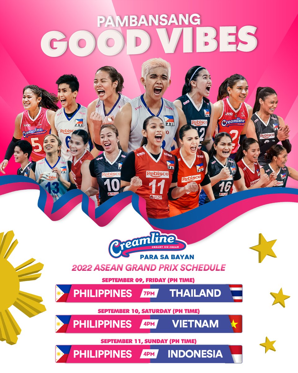 Handang handa na ang #TeamPilipinas na humarap sa hamon ng 2022 ASEAN Grand Prix✊🏐

Kaya naman, samahan natin sa laban ang #PambasangGoodVibes! Save the dates, mga ka-vibes! 💖

Watch here: youtube.com/c/one31official

#CreamlineParaSaBayan
#CreamlineCoolSmashers
#AGP2022
#Sambansa