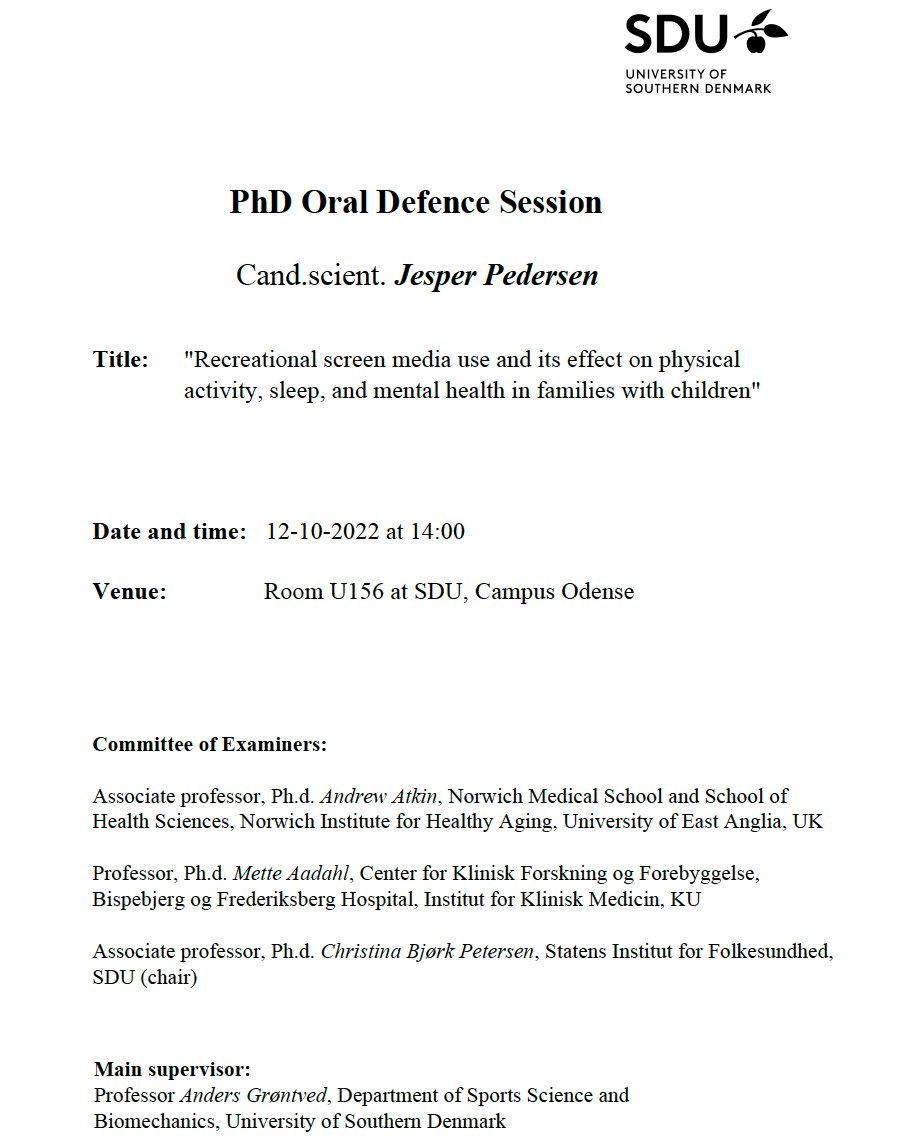 Jesper Schmidt-Persson (@jespedersen92) on Twitter photo So happy to announce that I will defend my PhD thesis entitled "Recreational screen media use and its effect on physical activity, sleep, and mental health in families with children" on October 12th!🍾🍾
<a href="/SDUIOB/">Idræt og Biomekanik</a> @SUND_SDU
doi.org/10.21996/dn60-… So happy to announce that I will defend my PhD thesis entitled "Recreational screen media use and its effect on physical activity, sleep, and mental health in families with children" on October 12th!🍾🍾
<a href="/SDUIOB/">Idræt og Biomekanik</a> @SUND_SDU
doi.org/10.21996/dn60-…