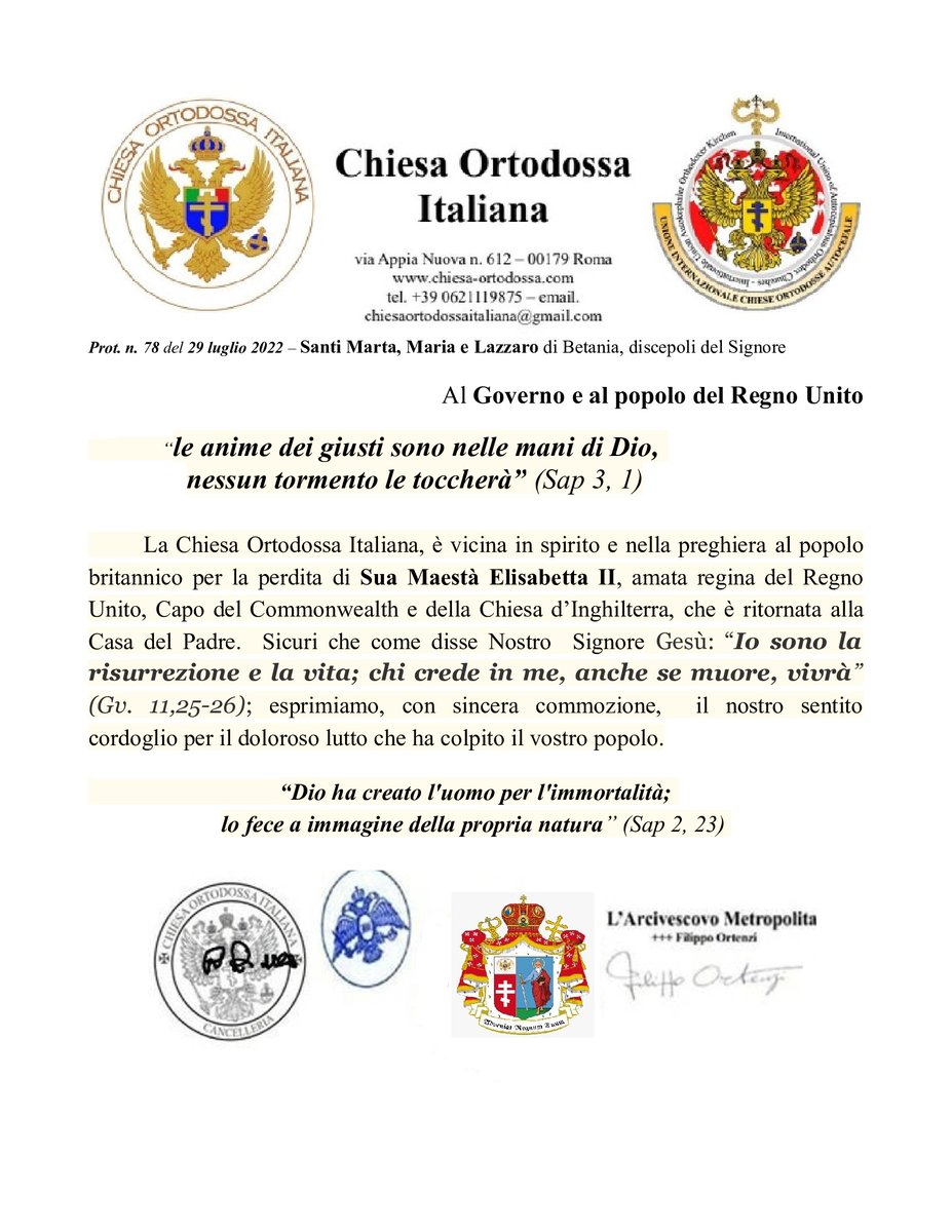 Chiesa_O_I's tweet photo. La #ChiesaOrtodossaItaliana è a fianco dei sudditi britannici, del #Commonwealth e dei fedeli #anglicani per la dipartita dell'amata regina S.M. #ElisabettaII (ETERNA MEMORIA) https://t.co/mBbjySPy2b