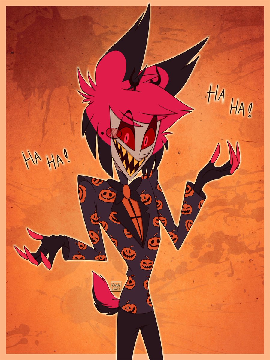 SchwiftyChicka's tweet photo. My head hurts so much... but I wanted to finish this silly pic of Alastor wearing that David s pumpkin/halloween outfit inspired by that cute lil' sketch Viv did on one of her streams 💗🎃

#HazbinHotel #HazbinHotelAlastor #Alastor https://t.co/C7b7Y5wOqb