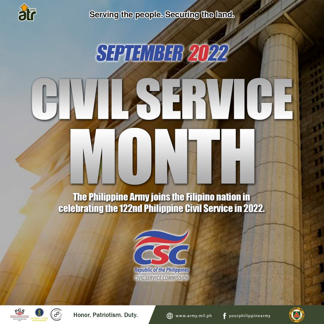 yourphilarmy's tweet photo. The Philippine Army joins the Filipino nation in celebrating the 122nd Anniversary of the Philippine Civil Service in 2022.
#PCSA2022
#resilience
#ResilientGovernmentPH
#KapayapaanParaSaLahat
#ServingthePeopleSecuringtheLand
#philippinearmy
#ParaSaBayan https://t.co/PQ3lAjvDPC