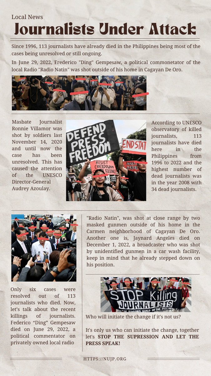 FtwSadu's tweet photo. Our Journalists are Under Attack!

Since 1996, 113 journalists have already died in the Philippines being most of the cases being unresolved or still ongoing.

Together let's now make a difference. Stop the suppression and help the press to speak!

#EndImpunityAgainstJournalists https://t.co/gfuafniPaM