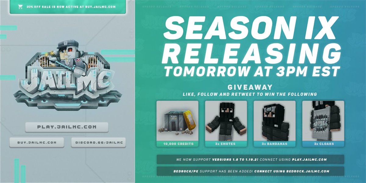 OP Prison Season IX releases Tomorrow at 3PM EST! 🚀

In celebration, enter the giveaway! ⤵️
• 3x 10,000 Credits
• 3x Lunar Cloaks
• 3x Lunar Emotes

To enter: 
Follow <a href="/JailMCPrison/">JailMC</a>, retweet, &amp; comment your IGN 📣

IP: play.jailmc.com
Discord: discord.gg/jailmc