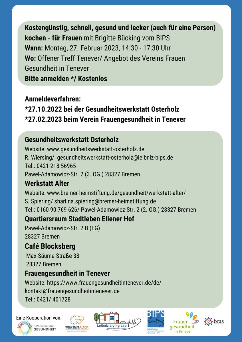 Unsere Veranstaltungen 60+ in Kooperation mit der Werkstatt Alter und weiteren Partnern im Quartier! Wir freuen uns Sie im Herbst 2022 und Frühjahr 2023 zu begrüßen. Aktuelle Informationen finden Sie unter: gesundheitswerkstatt-osterholz.de/veranstaltunge… 
@HeideBusse <a href="/TilmanBrand/">Tilman Brand</a> <a href="/forberger_sarah/">Sarah Forberger</a>