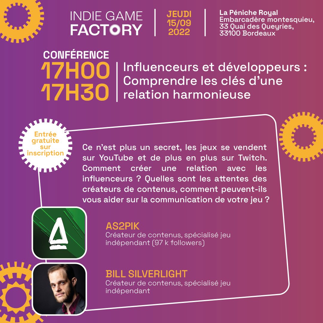 IndieGameF's tweet photo. Ce n’est plus un secret, les jeux se vendent sur YouTube et de plus en plus sur Twitch. Comment créer une relation avec les influenceurs ? Quelles sont les attentes des créateurs de contenus ?

Tant de questions qui trouveront une réponse lors de l'Indie Game Factory 2022 ! https://t.co/l8RosDvdYU