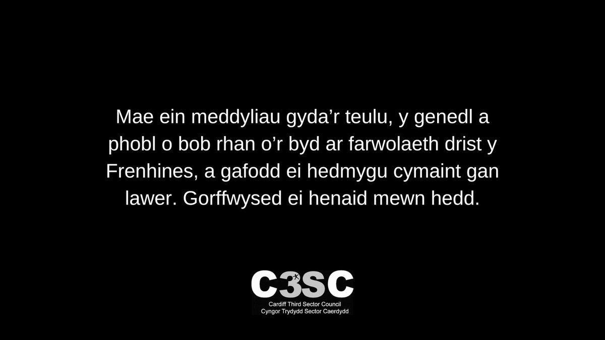 C3SC's tweet photo. Neges o gydymdeimlad gan staff, Ymddiriedolwyr a gwirfoddolwyr #C3SC. Roedd Ei Mawrhydi’r Frenhines yn hyrwyddwr brwd o wirfoddoli, elusennau a chymunedau - etifeddiaeth a fydd yn parhau.
#RIPyFrenhinesElizabeth #YFrenhinesElizabeth #YFrenhinesElizabethII #Brenhines https://t.co/fI1aNpdsDE