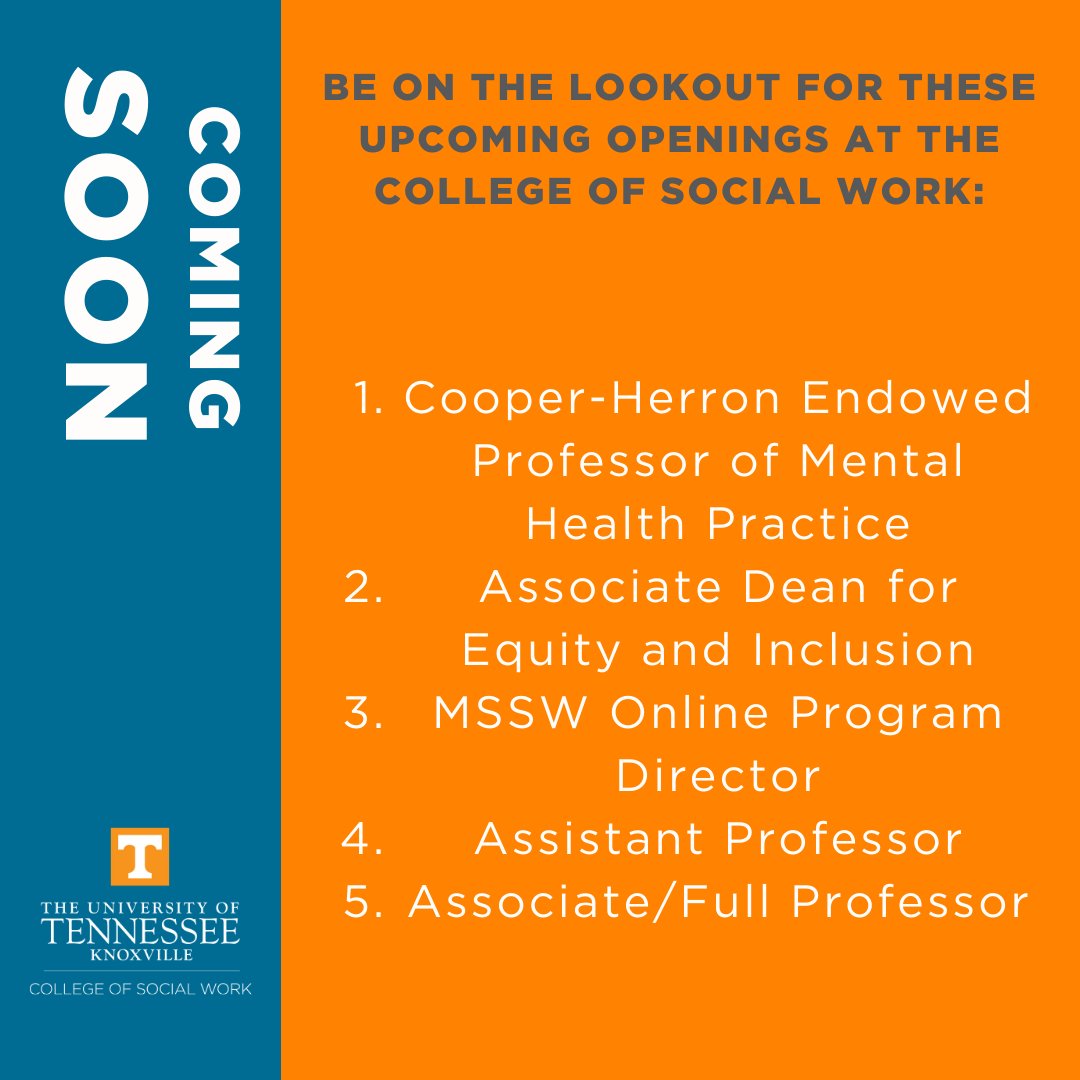 utkcsw's tweet photo. There are some fantastic faculty positions coming soon to the College of Social Work! Keep an eye out for these position posts over the next weeks, and join our growing team! #UTCSW #Growing #SocialWork #Faculty https://t.co/i5OOUF40Mt