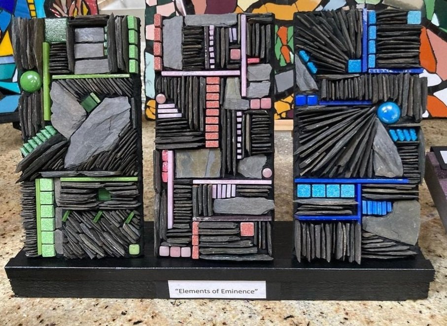So I teased with a pic of my centre piece a few days ago. Here it is in all its glory.
'Elements of eminence' a 3 piece slate mosaic. 
#monchicmosaics #mhhsbd #mosaic #mosaicart #modernmosaic #slatemosaic #slateart #3pieceart #madeincornwall #cornishartist