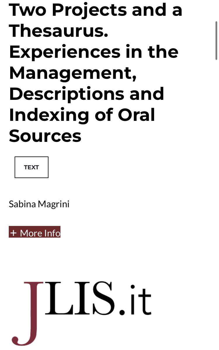 📍Sabina Magrini <a href="/MiC_Italia/">Ministero della Cultura</a> ➰ Two Projects and a Thesaurus. Experiences in the Management, Descriptions and Indexing of Oral Sources 📂 V.13, n.1 2022 JLIS.it jlis.it/index.php/jlis… #oralsources