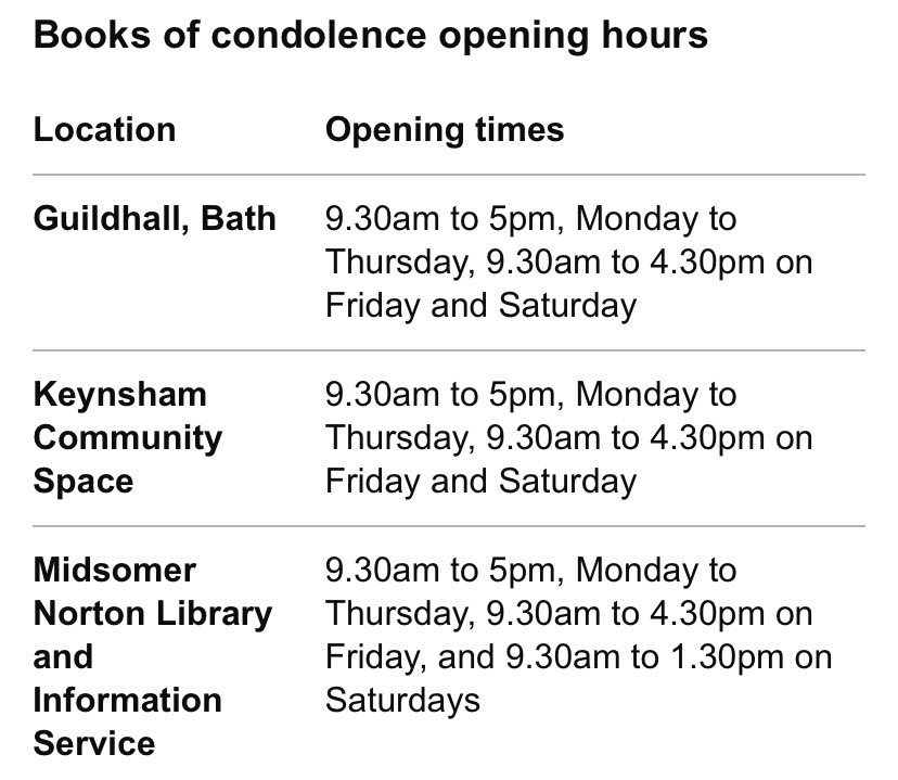 From today, books of condolence will be available for residents in B&amp;NES to sign in honour of Her Majesty. 

The details are here 👇