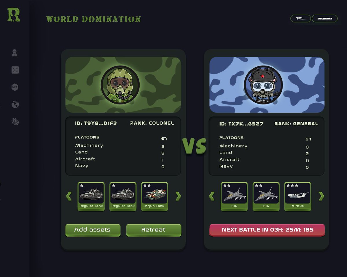Another |RR| feature we’re developing: NFT army battles via on-chain chance determination. 

Battle other players’ NFT armies and acquire their $ARMY or NFT assets⚔️ 

#NFT #web3 #SolanaDeFi #NFTcommunity #DeFi #Solana #SolanaNFT