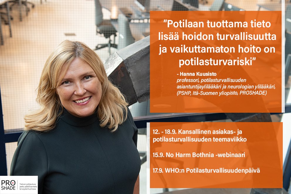 PROSHADESTN's tweet photo. Hyvää asiakas- ja #potilasturvallisuus viikkoa! @PROSHADESTN näkökulmassa turvallisuutta tuottaa #deimplementaatio ja potilaan tuottama tieto. Hankkeemme Hanna Kuusisto mukana No Harm Bothnia -tutkimusverkoston paneelissa to 15.9. Osallistu: https://t.co/5kiwZ0Cuoq @Akatemia_STN https://t.co/GgAIJTV1nQ