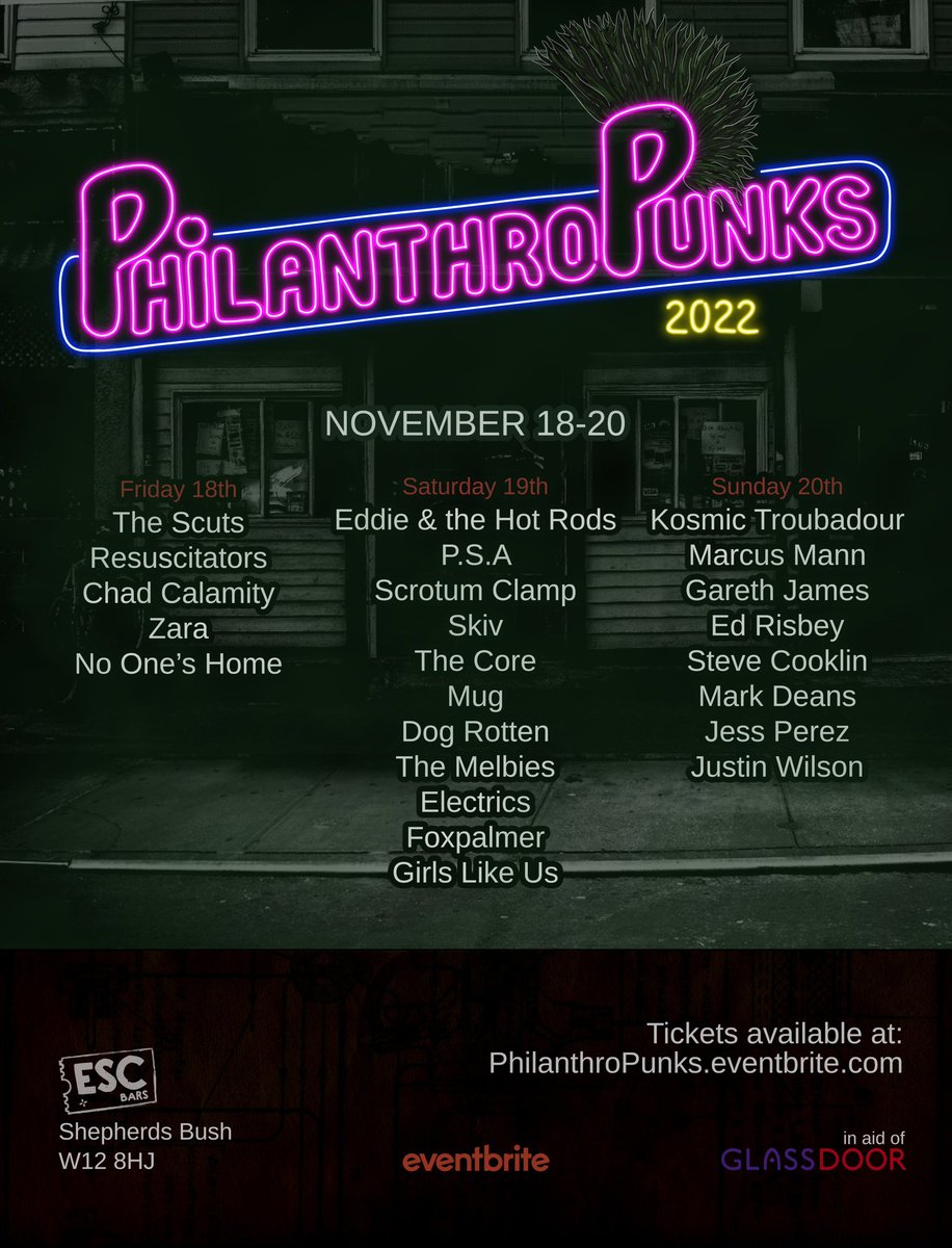 Philanthropunks is returning to #escapebarshepherdsbush on November 18–20 with one killer lineup to help raise funds for <a href="/GlassDoorLondon/">Glass Door Homeless Charity</a> 🖤
#helpendhomelessness #philanthropunks2022 #livemusic #punkrock #london #rock #music #rocknroll #homeless #charity #diypromoters