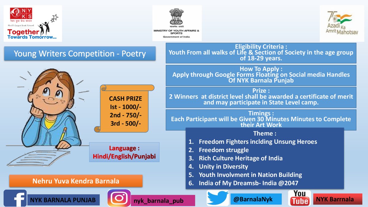 MYBHARATBARNALA's tweet photo. Nehru Yuva Kendra #Barnala is giving an opportunity to showcase your talent on a national platform.
#WritersCompetition
@ianuragthakur
@YASMinistry
@nyksindia
@NyksProgramme
#YuvaUtsav https://t.co/hdHo7rV3cV