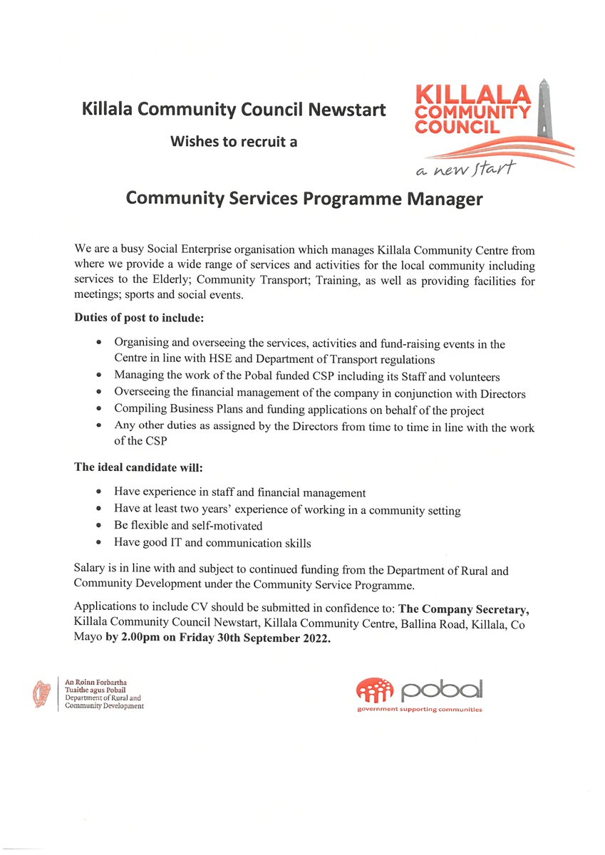 Killala Community Council (@killalanewstart) on Twitter photo JOB OPPORTUNITY:
Killala Community Council Newstart under the Pobal CSP have a vacancy for the following position:
Community Services Programme Manager
*Closing date is Friday 30th September 2022.* <a href="/pobal/">Pobal</a> <a href="/MayoNorthEast/">@MayoNorthEast</a> <a href="/radiomidwest/">Mid West Radio</a> <a href="/WesternPeople/">Western People</a> <a href="/Irishjobsie/">IrishJobs</a> <a href="/irishjobfairy/">Irish Job Fairy</a> JOB OPPORTUNITY:
Killala Community Council Newstart under the Pobal CSP have a vacancy for the following position:
Community Services Programme Manager
*Closing date is Friday 30th September 2022.* <a href="/pobal/">Pobal</a> <a href="/MayoNorthEast/">@MayoNorthEast</a> <a href="/radiomidwest/">Mid West Radio</a> <a href="/WesternPeople/">Western People</a> <a href="/Irishjobsie/">IrishJobs</a> <a href="/irishjobfairy/">Irish Job Fairy</a>