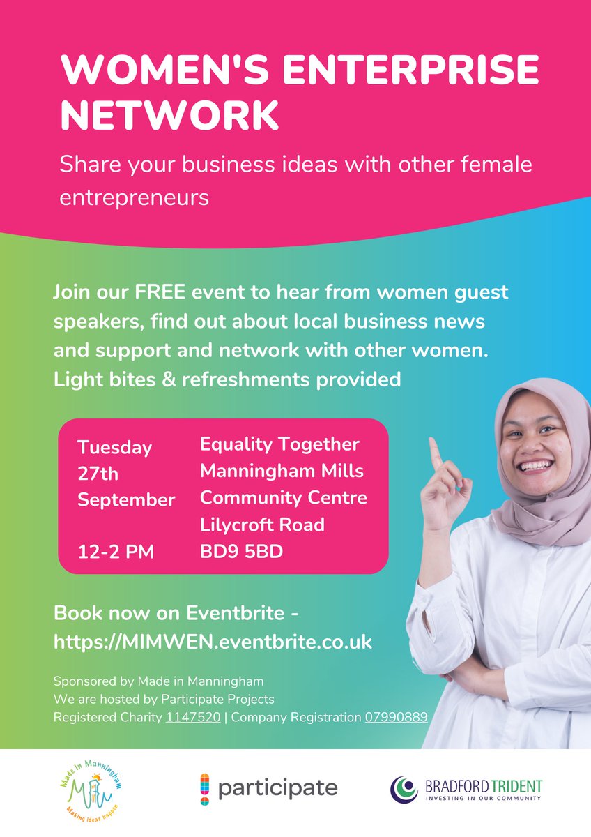 Women's Enterprise Network - Share your business ideas with other female entrepreneurs

Tuesday 27th September  12-2 pm

Equality Together
Manningham Mills Community Centre
Lilycroft Road
BD9 5BD 

Book here: MIMWEN.eventbrite.co.uk 

#manningham #bradford