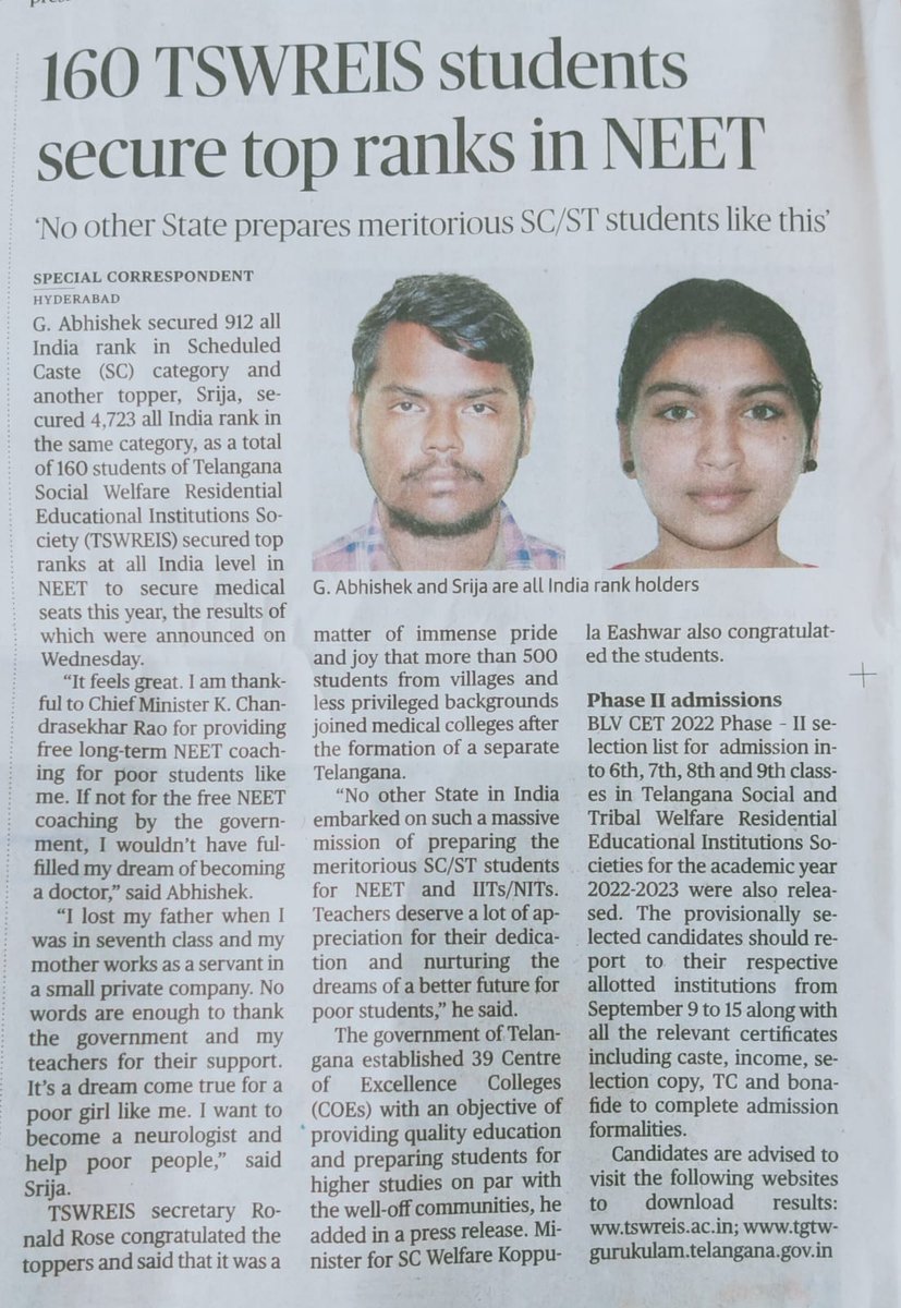 TGSWREIS's tweet image. A moment of immense pride and joy as nearly 160 students from TSWREIS secure medical seats in NEET 2022.
Transforming lives @tswreisociety #Gogurukul @DRonaldRose