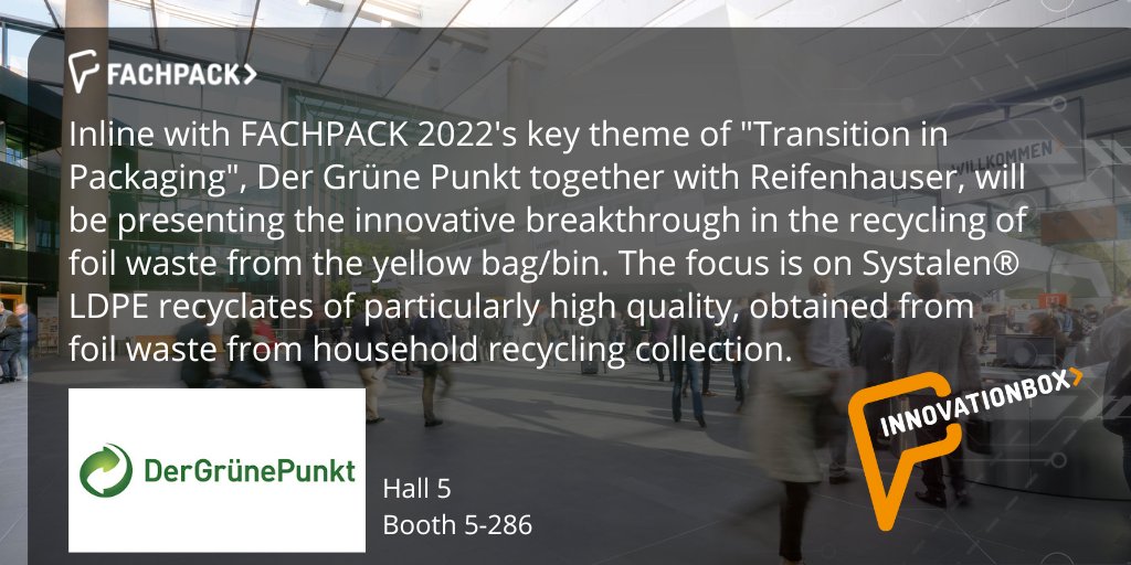 fachpack's tweet photo. Another insight into the INNOVATIONBOX program at #FACHPACK!

No fear of recyclates - Innovative solutions for flexibles

When? 27.09.2022, 11:00 - 11:30 MESZ
Where? INNOVATIONBOX Halle 5 Stand 5-286

@dergruenepunkt https://t.co/Rn9rqGt02i