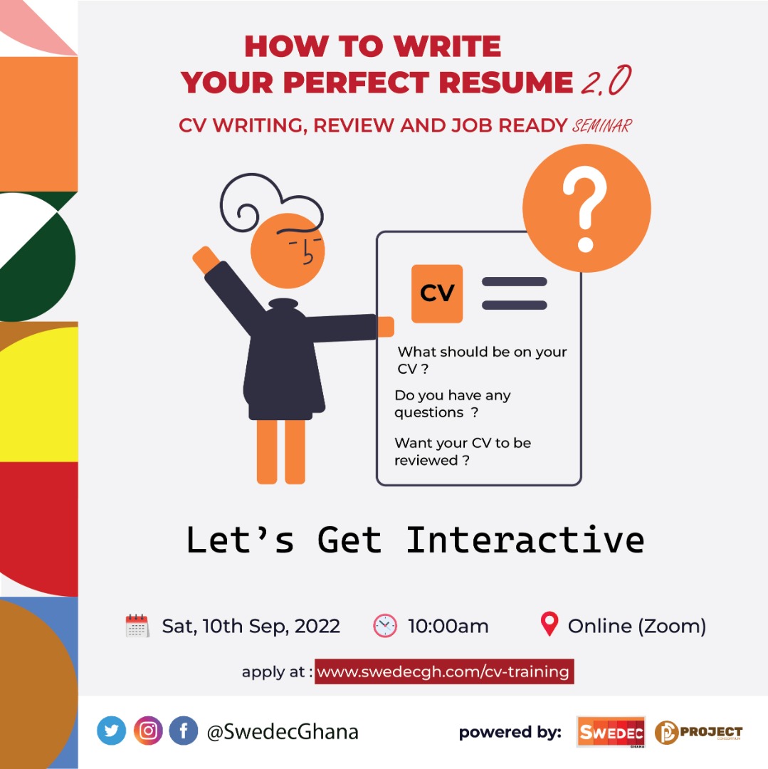 SwedecGhana's tweet photo. Do you have any questions about how to write your CV? Take this opportunity to ask about all your CV writing and job readiness questions during this webinar

Apply here: https://t.co/mIT9siNjOi.

#CV #training https://t.co/WbCmrkGoOV