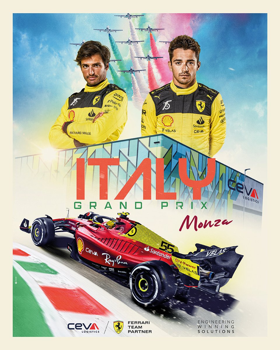 cevalogistics's tweet photo. For a special GP, a special color &amp; a brand new poster 💛

Let's get it at Monza, an unforgettable place for @ScuderiaFerrari where they have won 19 times! 

#CEVALogistics #essereFerrari 🔴 #ItalianGP #F1 #logistics #winningsolutions #cmacgm https://t.co/FlAv5dZK9b