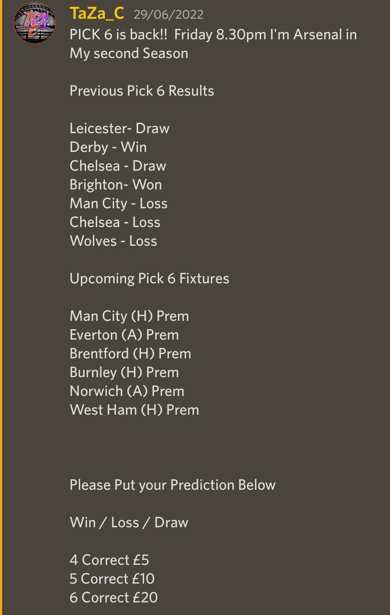 TAZA_C88's tweet photo. Come get involved in my Football manager pick 6 series tonight's LIVE from 8.30pm  FREE TO PLAY. Just join my discord and put your predictions in the Pick 6 Channel Simple as that. See yas soon  https://t.co/BiRq6jKVEZ
https://t.co/ZiTgCn6vqU
@octane_esport @THE_SHOWDOWN_   #FM22 https://t.co/z01DmPV16r