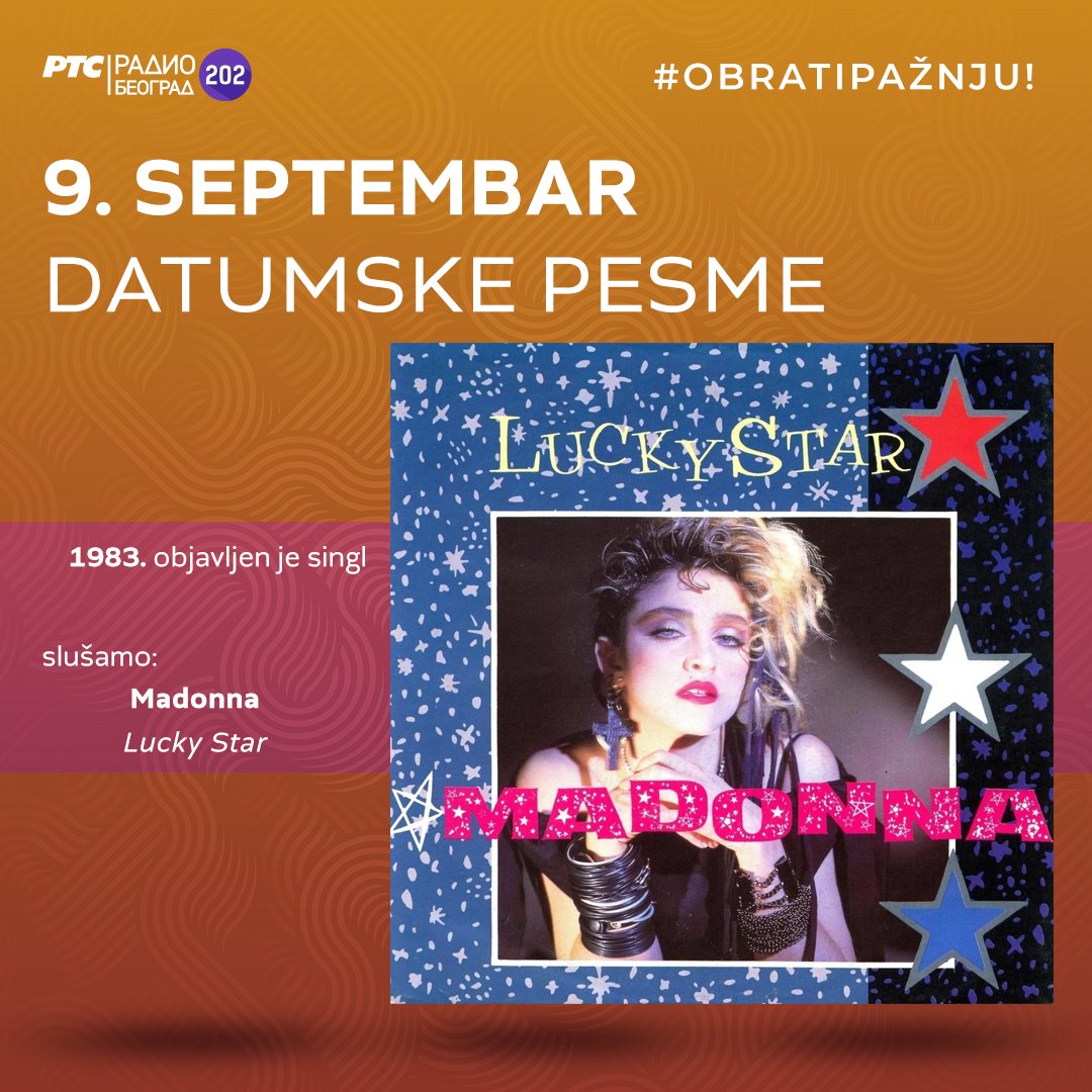 Beograd202's tweet photo. ๐๏ธ #DatumskePesme - sluลกamo radnim danima od 14 sati
1941. โด๏ธ roฤen je OTIS REDDING
1952. โด๏ธ roฤen je DAVID DAVE STEWART #Eurythmics
1983. โด๏ธ MADONNA objavila singl #LuckyStar
2003. โด๏ธ JOHN MAYER objavio album #HeavierThings
#9septembar #NaDanaลกnjiDan
#9September #OnThisDay https://t.co/K0n0IL7OKX