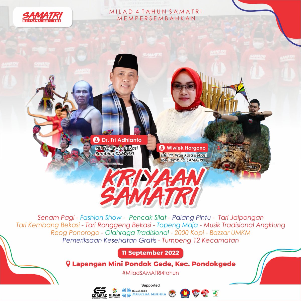 samatriofficial's tweet photo. Milad SAMATRI 4 Tahun. Hadirilah KRIYAAN SAMATRI pada tanggal : 11 September 2022 bertempat di Lapangan Mini Pondok Gede, Kec. Pondok Gede. Berbagai macam kegiatan yang akan dilangsungkan pada kriyaan tersebut. Gratiss ! https://t.co/XEdqYpiKRA