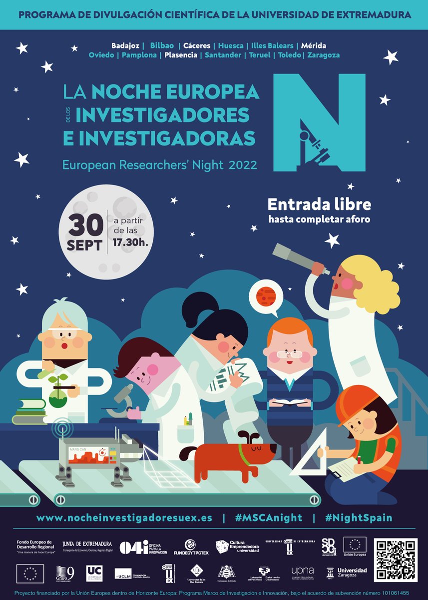 El próximo 30 de septiembre, nuestra Universidad celebrará la Noche Europea de los Investigadores.
➡ Como novedad, este año la divulgación de la ciencia y tecnología en #Badajoz y #Cáceres tendrá lugar en el centro urbano para mayor cercanía con la sociedad
<a href="/infouex/">UEx</a>